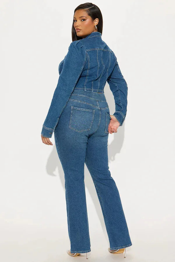 Denim Blue Mandarin Collar Women's Crop Jean Jacket + Jeans Matching 2-Piece Set