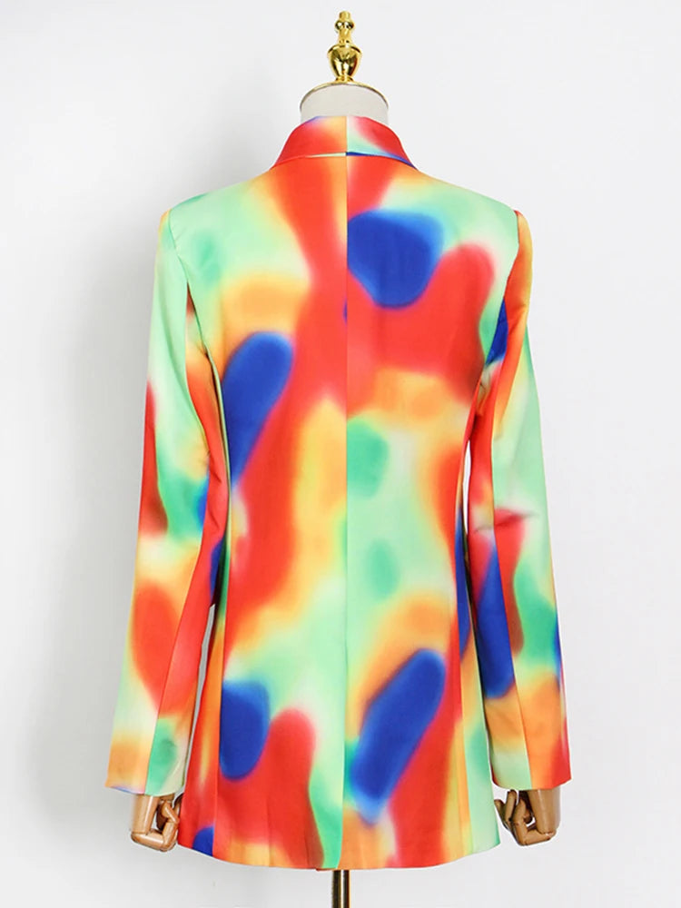 Tie-Dye Notched Collar Double Breasted Long Sleeve Blazer + Harem Pants Women's Suit