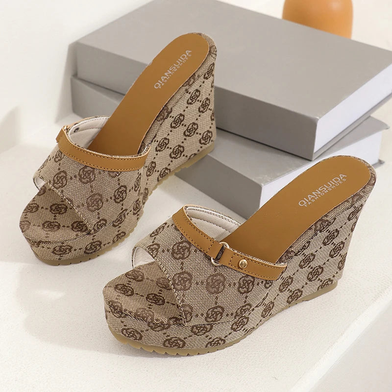 Monogram Replica Print Platform Mule Women's Open Toe Wedge Sandals