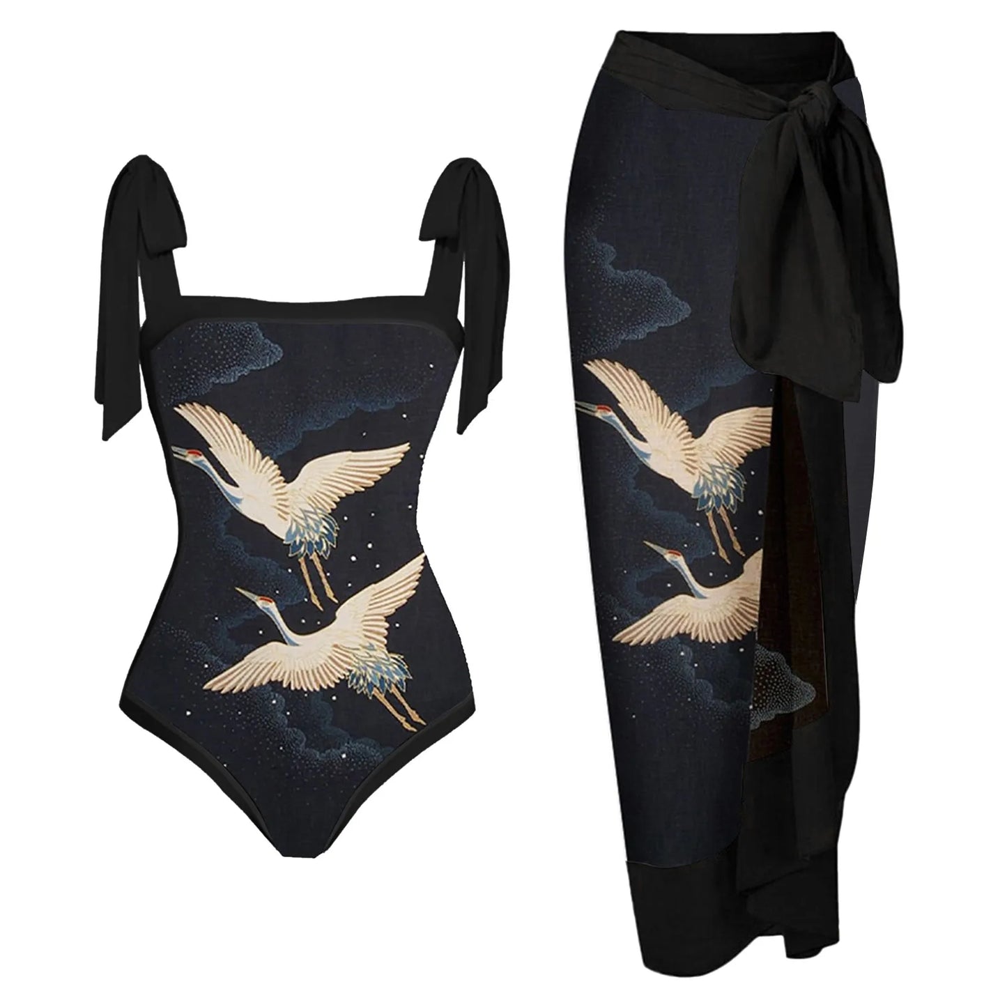 Vintage Colorblock Abstract Floral Print Monokini Swimsuit 2-Piece Tankini Set