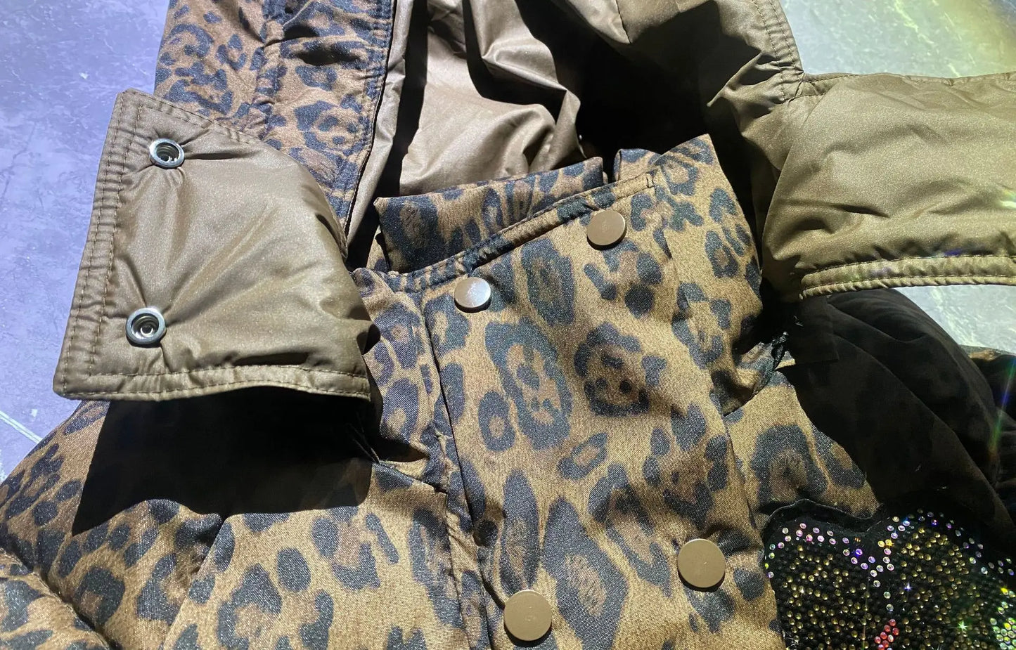Leopard Rhinestone Hip-Hop Minnie Mouse Print Women's Quilted Cotton Down Hooded Jacket