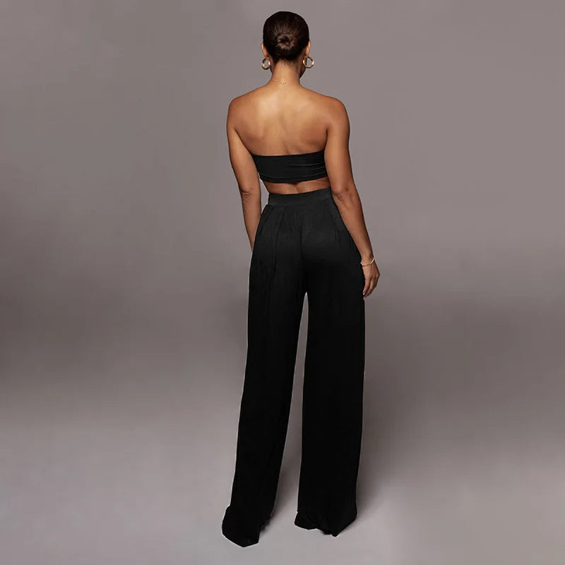 Sleeveless Bowknot Design Tube Top+ Wide Leg Pants Women's Solid Color 2-Piece Set