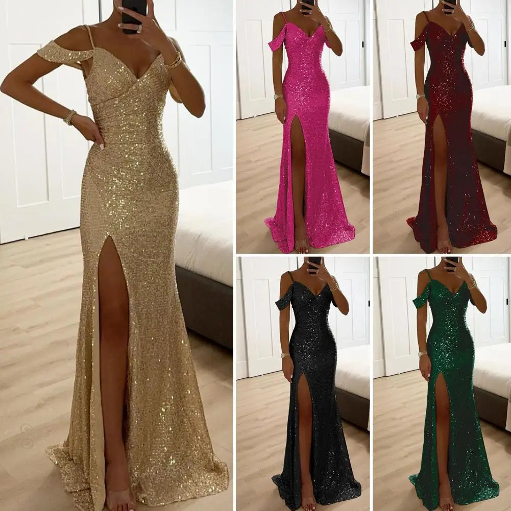 Shiny Sparkling Sequin Off-the-Shoulder V-Neck High Side Slit Party Maxi Dress