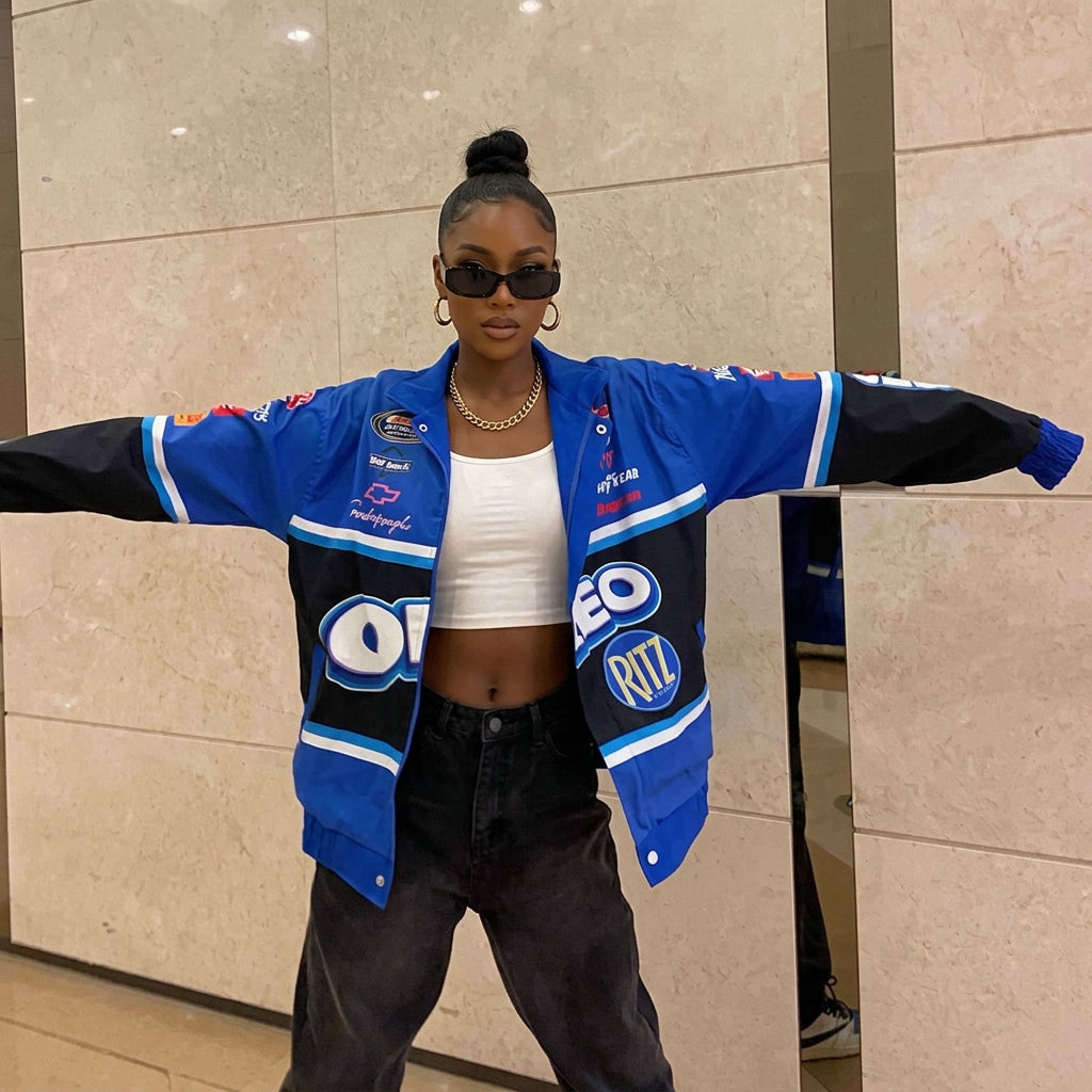 Blue Racing Patch Design Unisex Long Sleeve Motorcycle Baseball Varsity Bomber Jacket