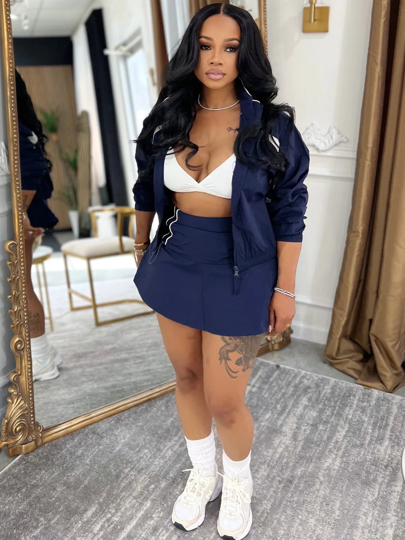 Striped Stand Collar Women's Zipper Fitness Jacket+ Drawstring Ruched Mini Tennis Skirt Solid Color 2-Piece Set