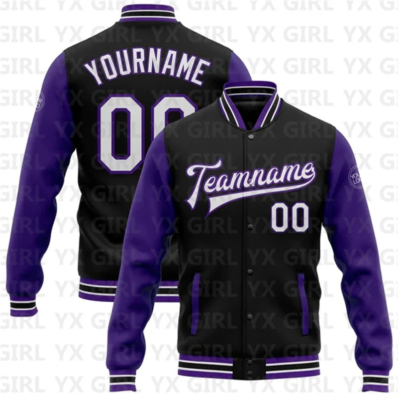 Customized Unisex  2-Tone Colorblock Personalized Black/Purple/Teal/Full-Snap Letterman Baseball Button Varsity Bomber Jacket