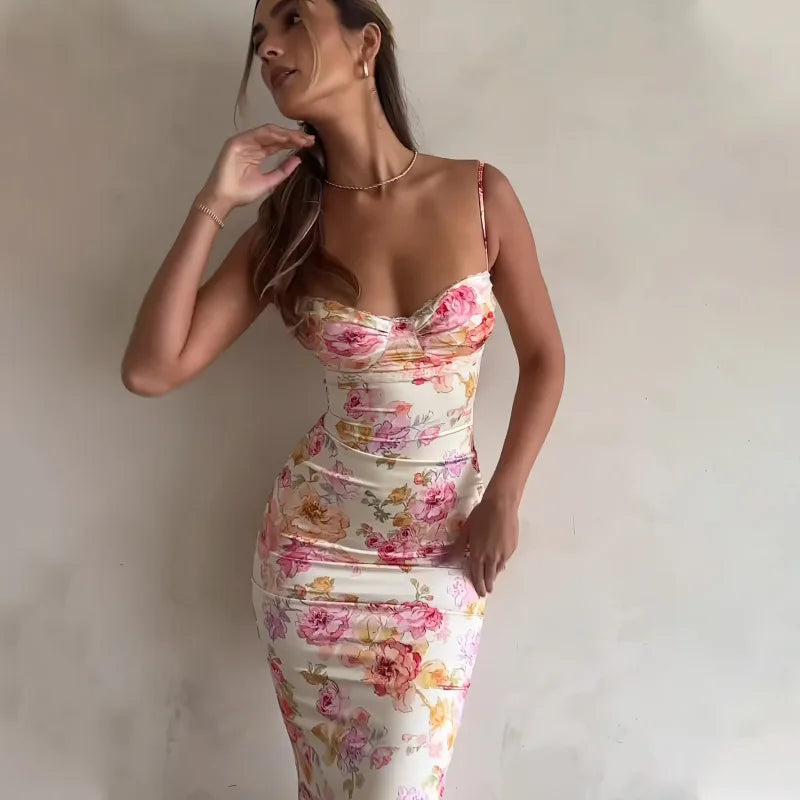Satin White/Pink Flower Print Sleeveless Spaghetti Strap Skinny Maxi Formal Dress
