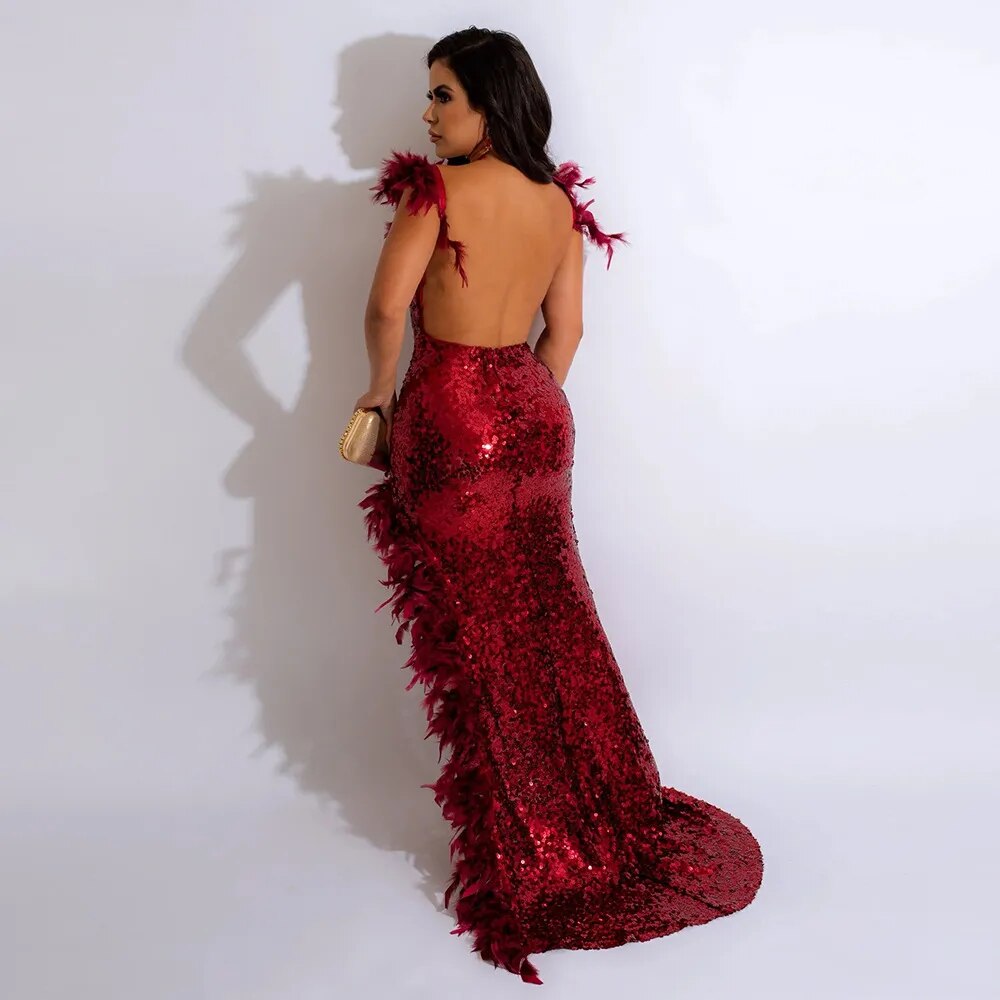 Metallic Sequin Backless Sleeveless Side Slit Feather Hem Floor-Length Formal Mermaid Maxi Dress