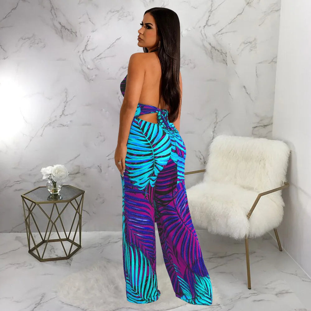 Tropical Print Hollow-Out Halter Strap Backless Sleeveless Jumpsuit