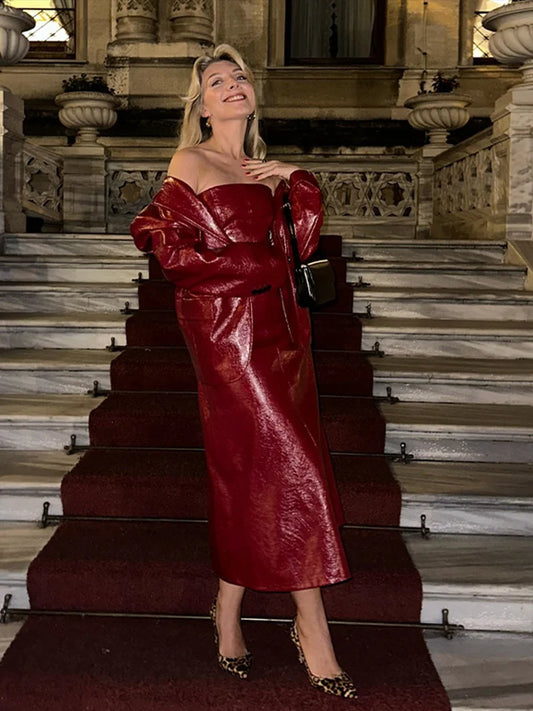 Shiny PU Leather Women's Solid Color Blazer Jacket w/ Flared Sleeveless Tube Maxi Dress 2-Piece Suit