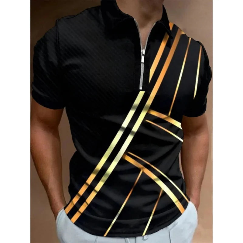 Men's Striped Swirl 3D Print Designer Streetwear Short Sleeve Zipper Polo Shirts