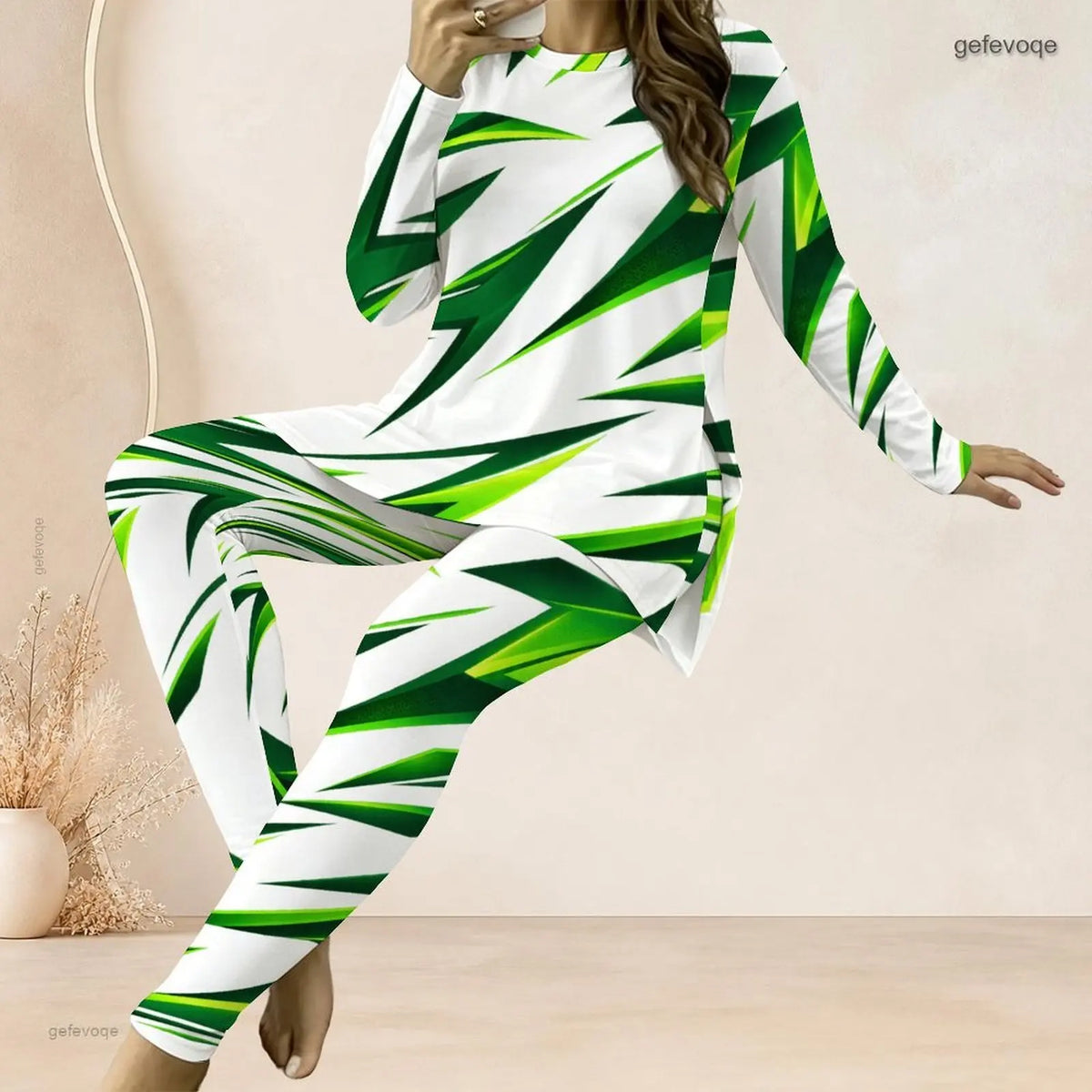 Tie-Dye/Floral/Geometric Striped Stripe Print O-Neck Long Sleeve Women's Longline Top + Fitted Long Pants 2-Piece Set