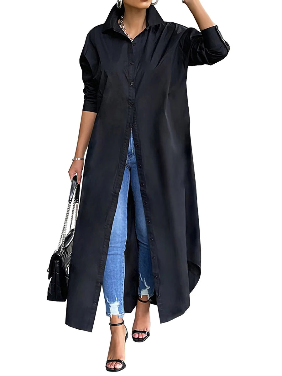 Solid Turn-Down Collar Long Sleeve Button-Up Single Breasted Kaftan Maxi Shirt Dress