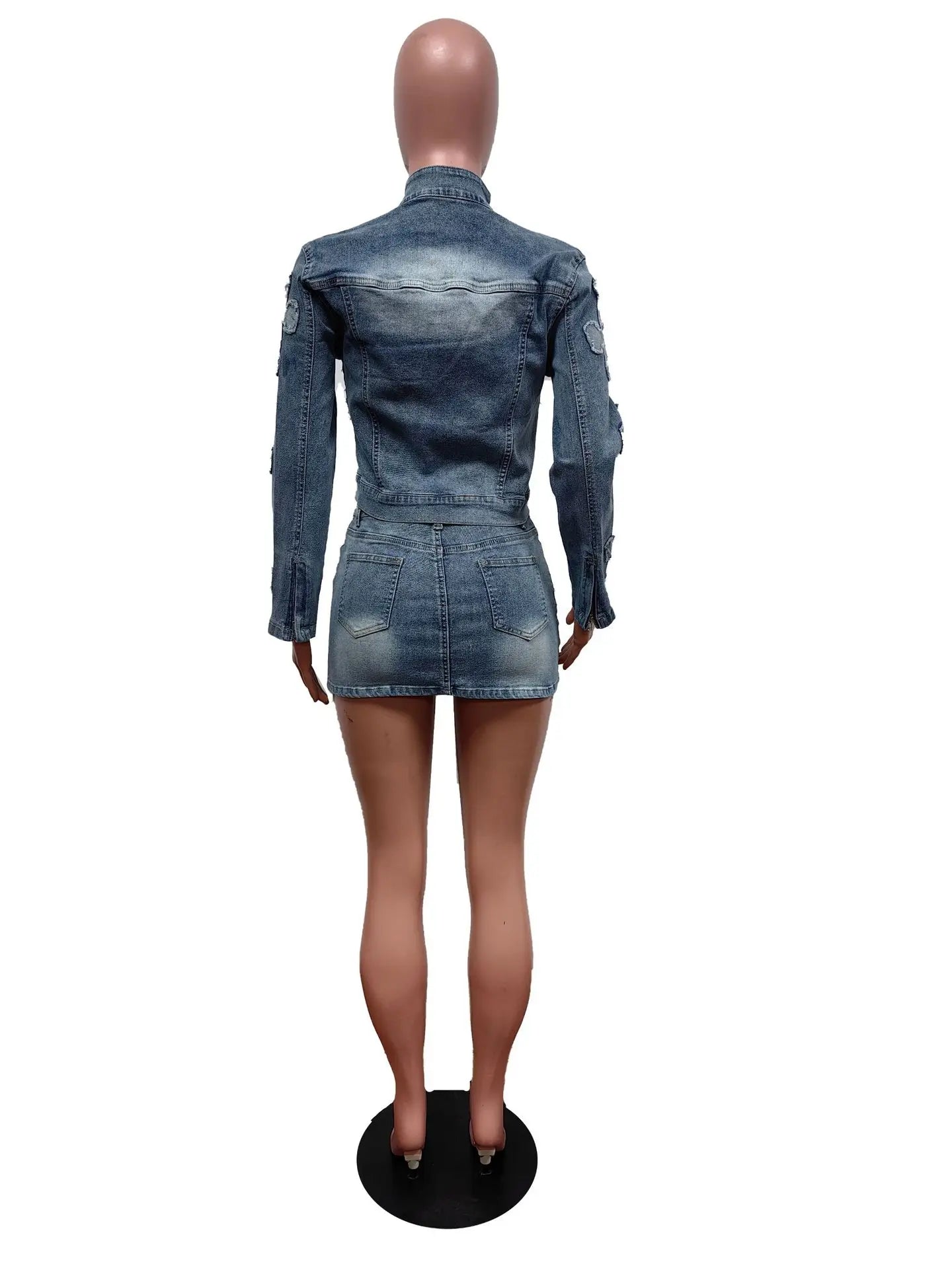 Denim Cross Embroidered Cropped Jean Jacket + Cargo Mini Skirt 2-Piece Set