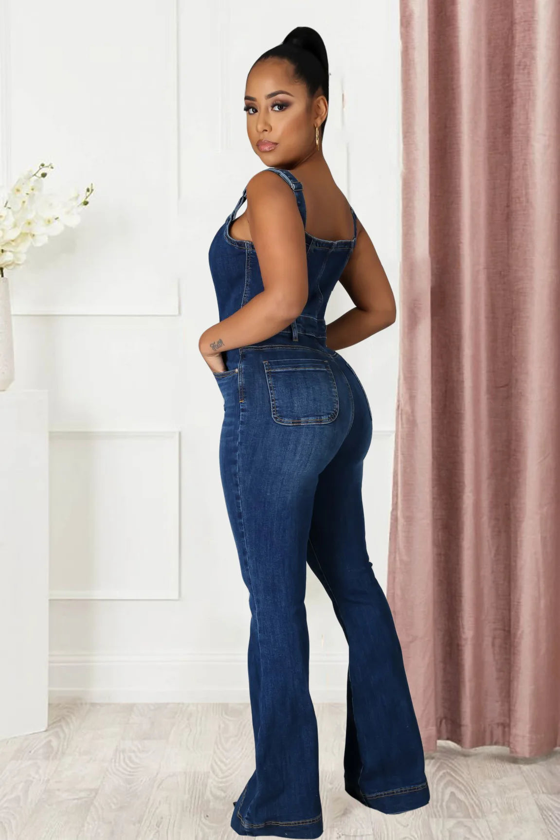 Denim Dark Blue Sleeveless Women's Spaghetti Strap Bodycon Bootcut Jean Jumpsuit