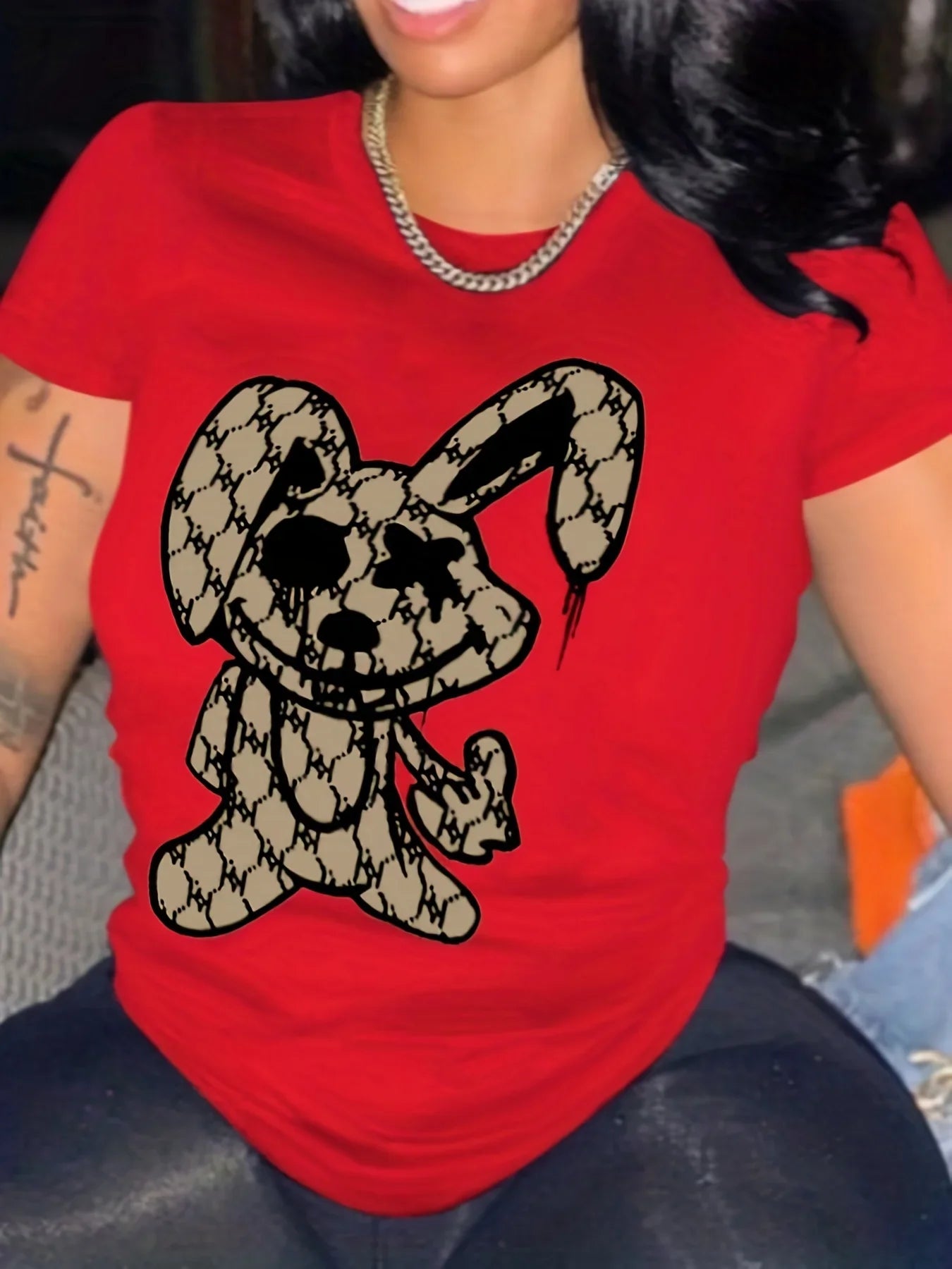 Hip-Hop Plaid Bunny Rabbit Print Women's Short Sleeve Skinny O-Neck T-Shirt to 3X Plus Size