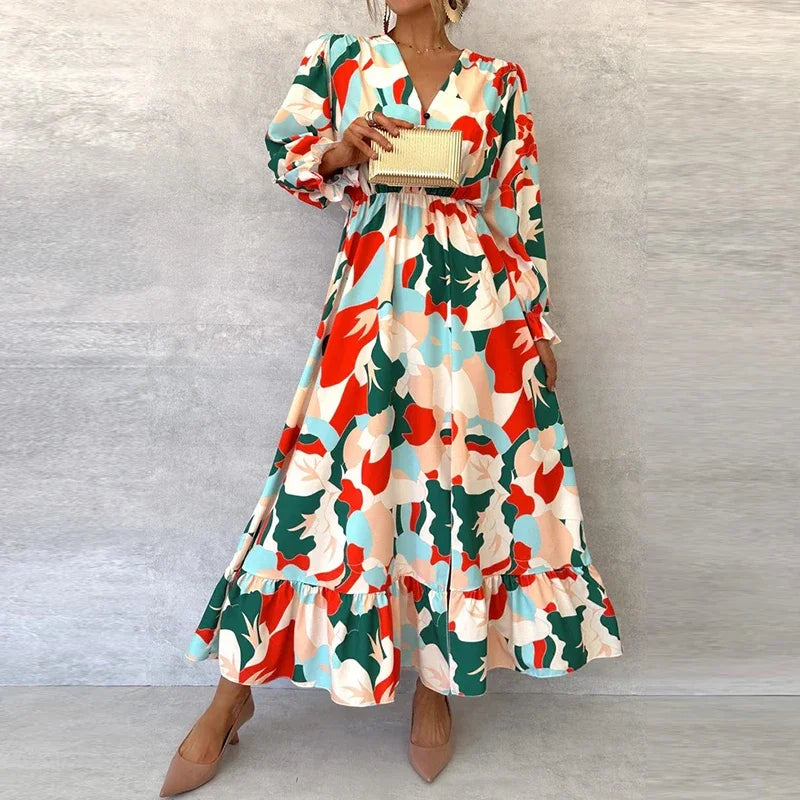 Ruffled Floral Print Puff Long Sleeve Turn-Down Collar Maxi Dress