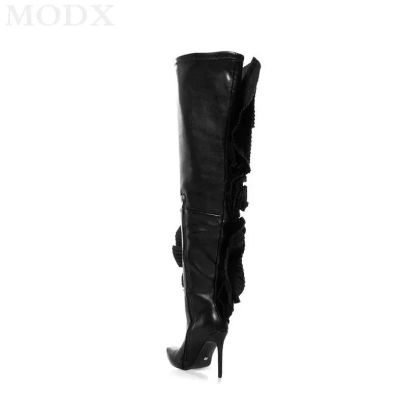 Pleated Real Leather Flower Embellishment Over- The-Knee Pointed Toe Thigh High Boots