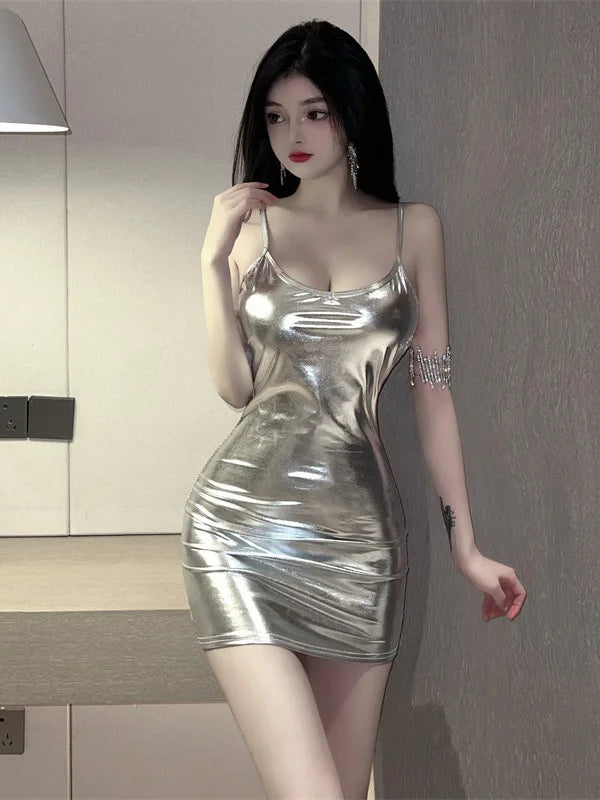 Temperament Backless Lacquer Faux Leather Spaghetti Strap Wrapped Mini Club Dress