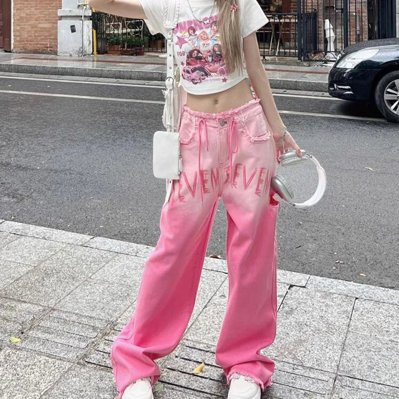 Pink Ombre Gradient Graffiti Print Cut-Out Wide Leg Women's Baggy Streetwear Jeans