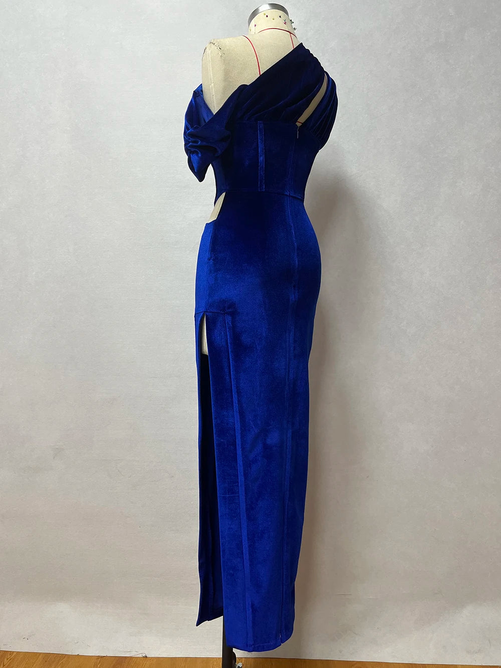 Navy Blue Velvet Diagonal Collar Corset High Slit Solid Party/Prom Formal Maxi Dress