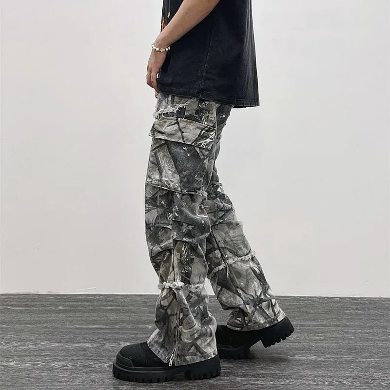 Men's Camoflauge Y2K Washed Baggy Wide Leg Cargo Jeans