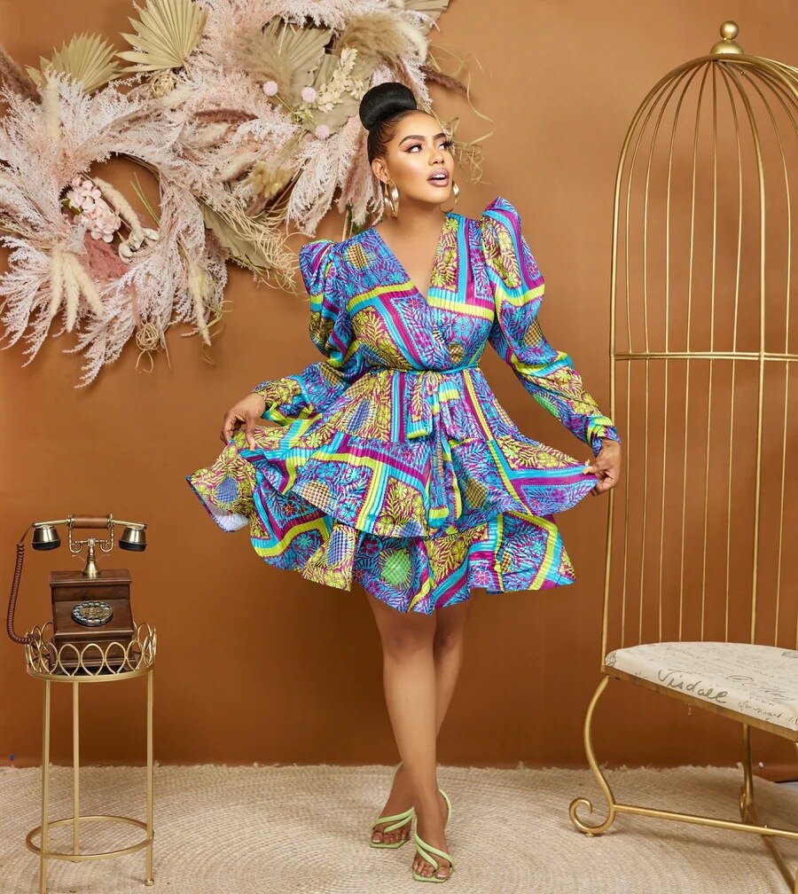 Paisley Puff Sleeve Ruffled Printed Dress w/ Belt