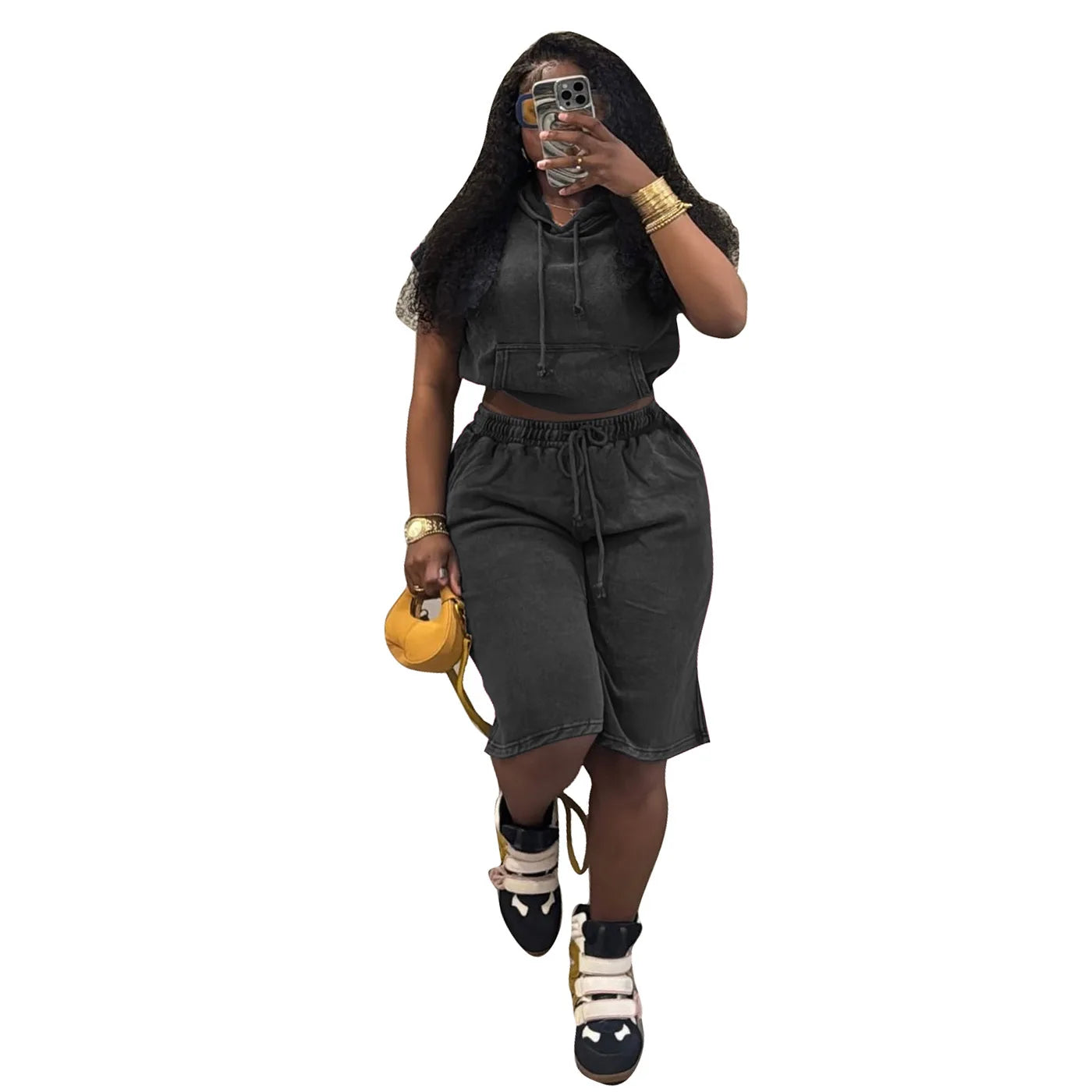 Washed Mock Denim Sleeveless Streetwear Women's Hoodie Top + Drawstring Shorts 2-Piece Set