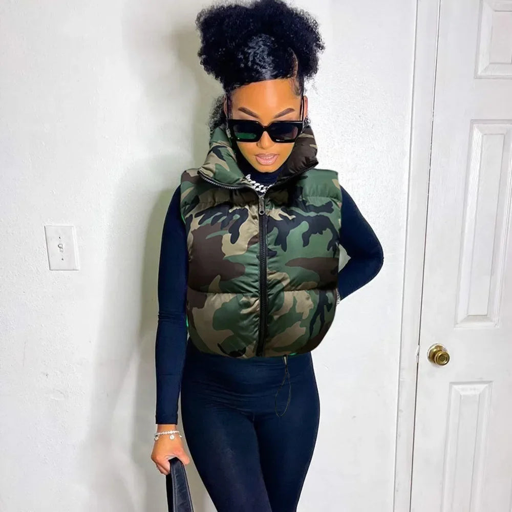 Camouflage Puffer  Sleeveless Bubble Down Drawstring Women's Cropped Cotton Mini Vest Jacket