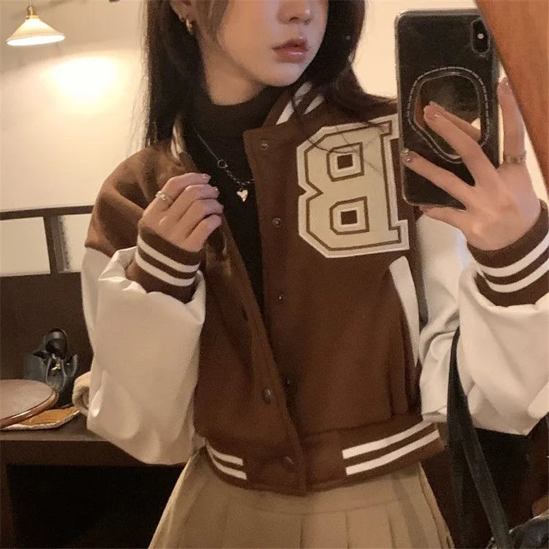 Lettermans Patchwork Button Cropped Varsity Bomber Jacket