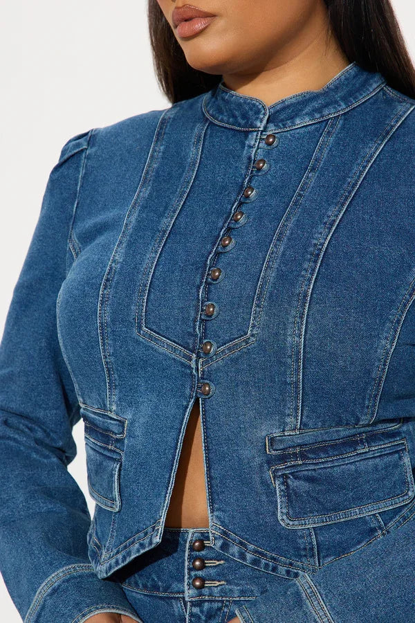 Denim Blue Mandarin Collar Women's Crop Jean Jacket + Jeans Matching 2-Piece Set