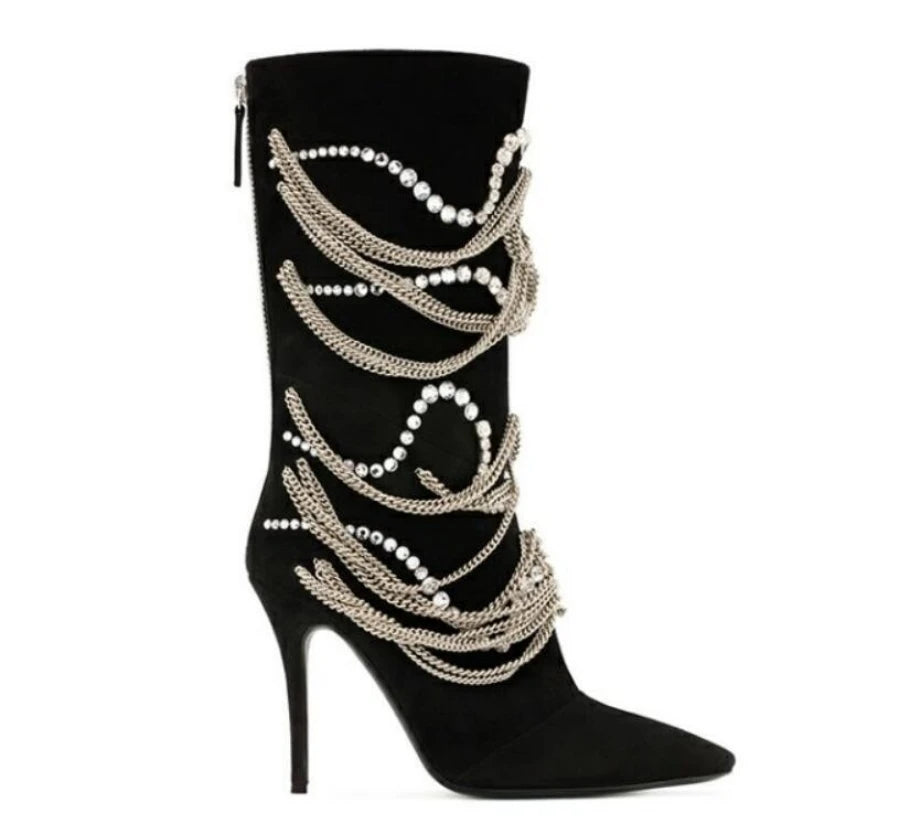 Pearl Metallic Gold Chain Stiletto Heels Knee-High Women's Pointed Toe Stiletto Heel Ankle Boots