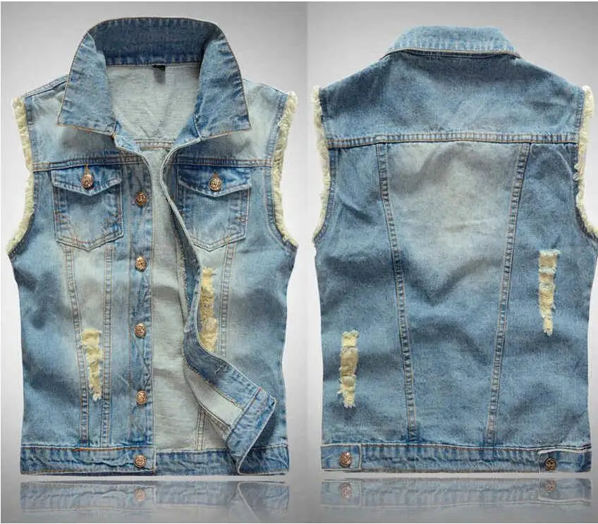 Men Sleeveless Ripped Denim Cowboy Multiple Colors Jean Vests