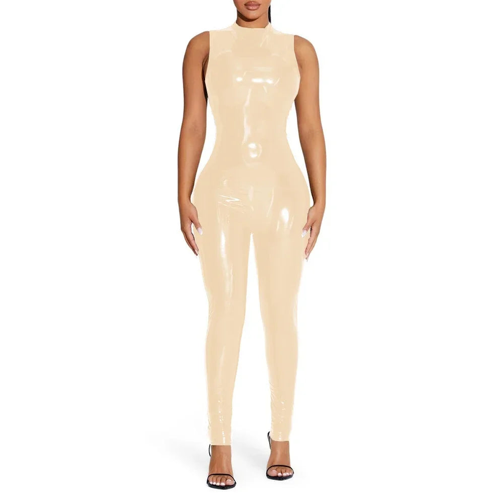 Shiny Solid Color Sleeveless PVC PU Leather Women's Pants Jumpsuit