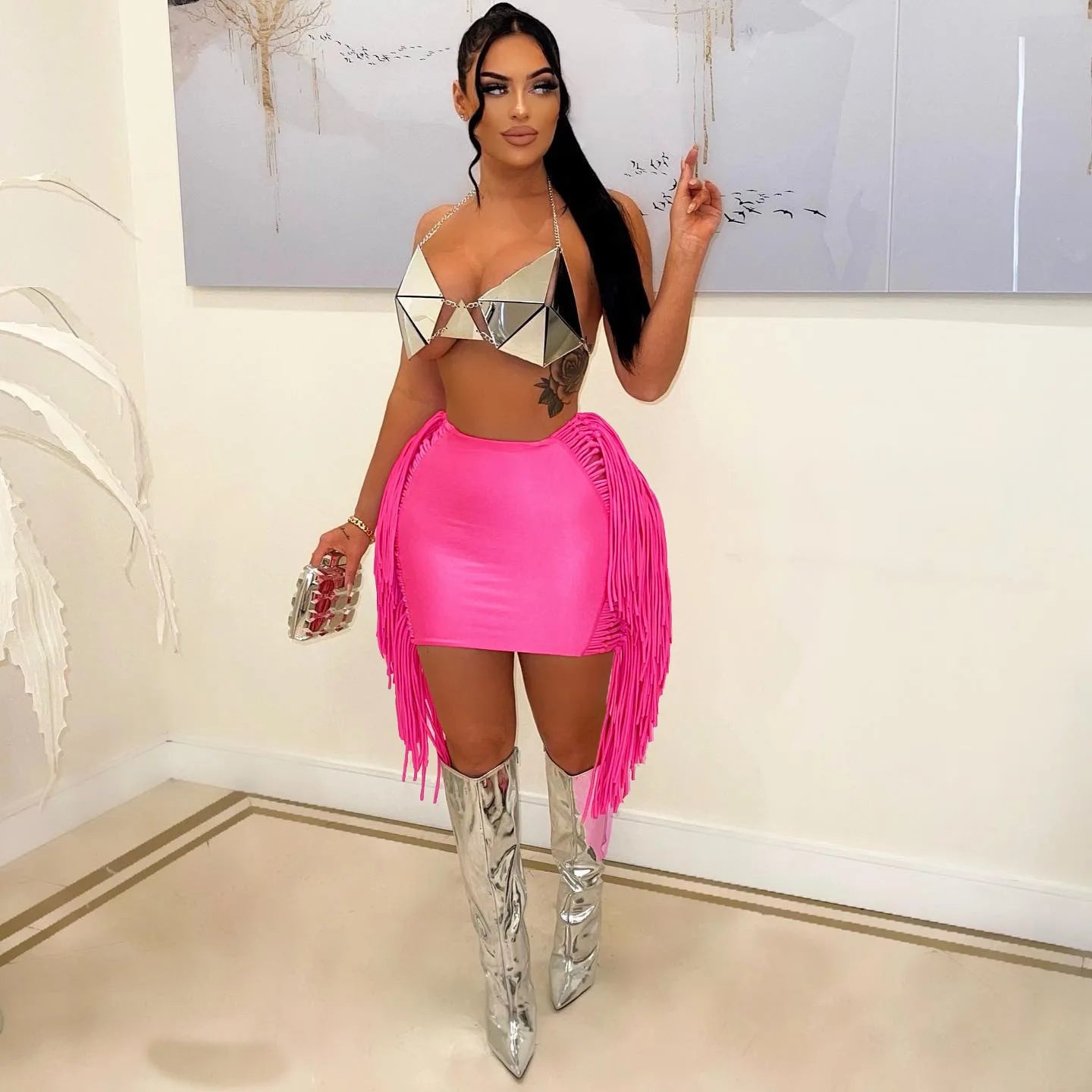 Hanging Fringe Tassel Design Bodycon Women's Solid Color Mini Skirts