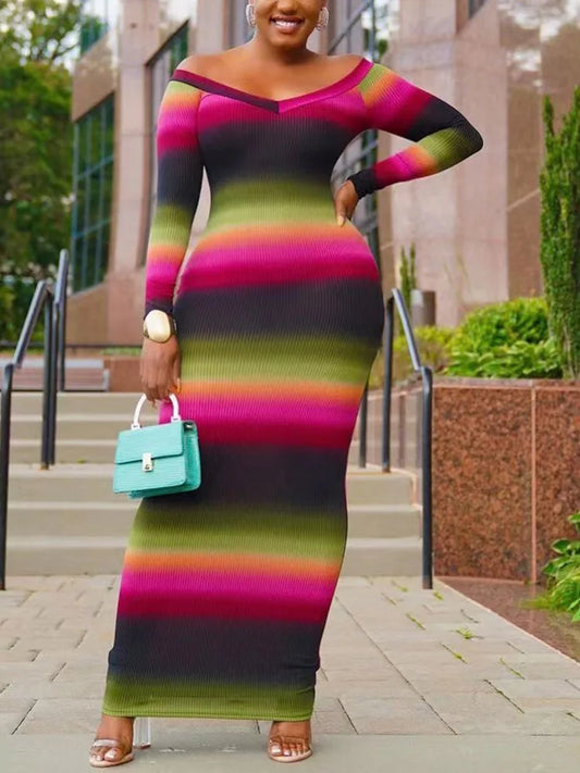 Rainbow Striped Colorblock Long Sleeve Off=the-Shoulder Long Sleeve Bodycon Maxi Dress