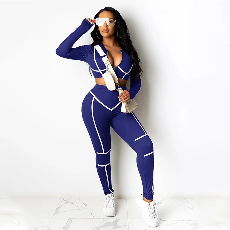 Striped Line Design Women's Cropped Zipper Sports Jacket + Sweatpants Tracksuit