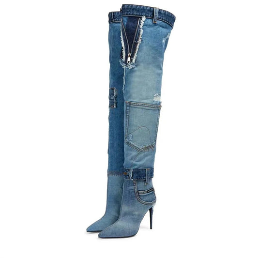 Camoflauge/Denim Over-the-Knee Pocket Pointed Toe Stiletto Boots