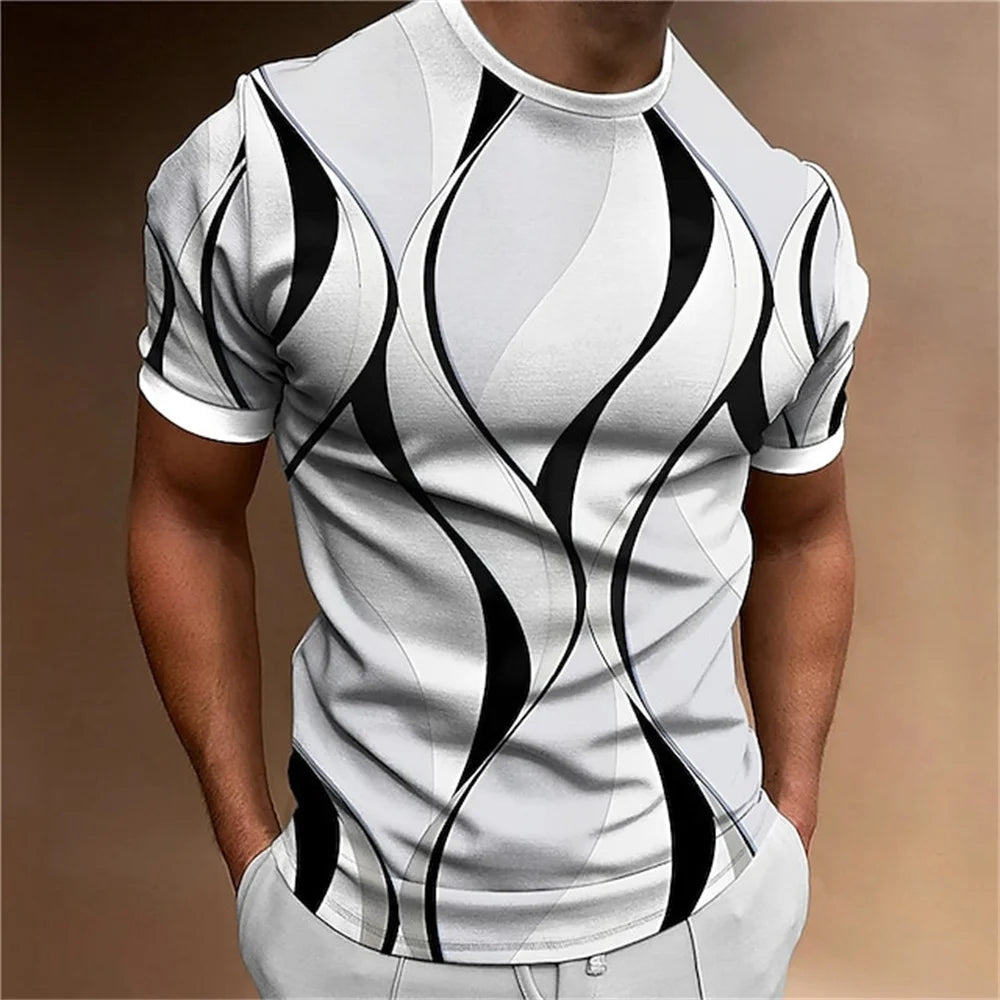 Men's Abstract Geometric 3D Striped Print O-Neck T-Shirt