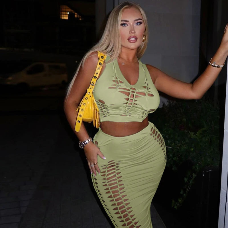 Sleeveless Ripped Streetwear Lace-Up Vest Crop Top + Hollow-Out Maxi Skirt Women's 2-Piece Set