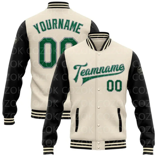 Unisex Customized White/Off White 3D Logo/Team Name Letter Print Baseball Button-Up Varsity Letterman's Bomber Jacket