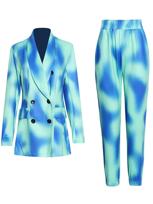 Tie-Dye Notched Collar Double Breasted Long Sleeve Blazer + Harem Pants Women's Suit