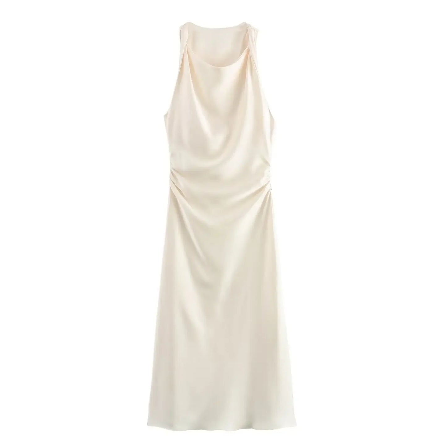 Satin Ruched Pleated Solid Color Sleeveless O-Neck Long Dress