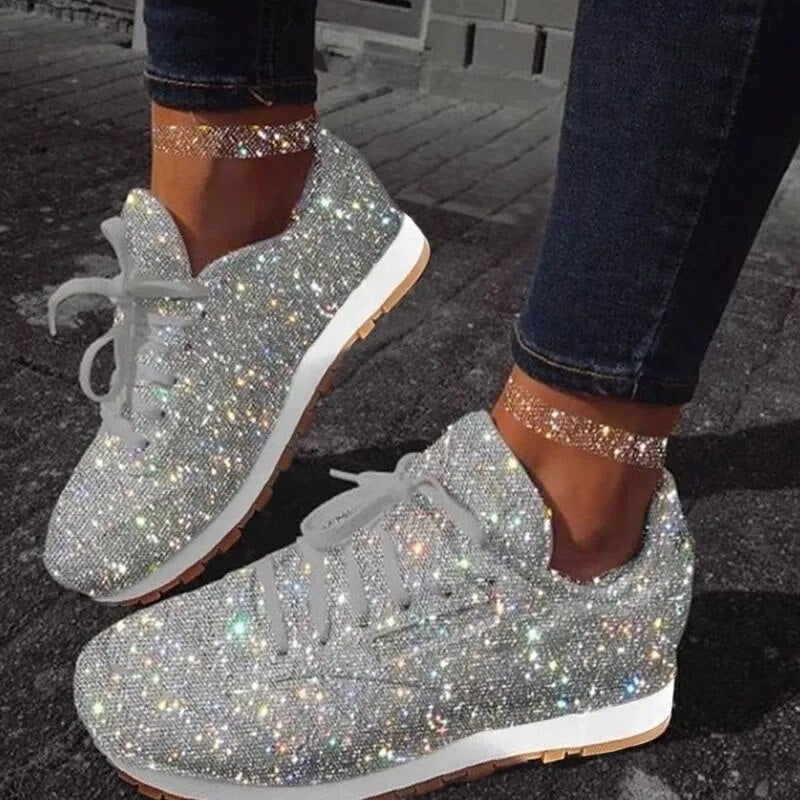 Glitter Mesh Sequin Vulcanized Lace-Up Women's Sneakers