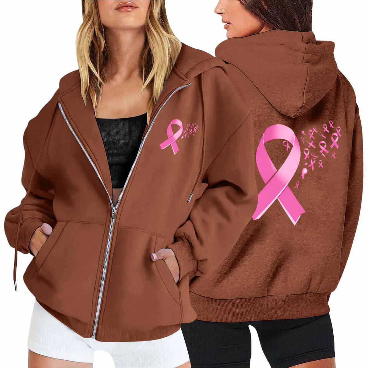 Breast Cancer Awareness Symbol Back Design Women's Zipper Hoodie Sweatshirt to 3X Plus Size