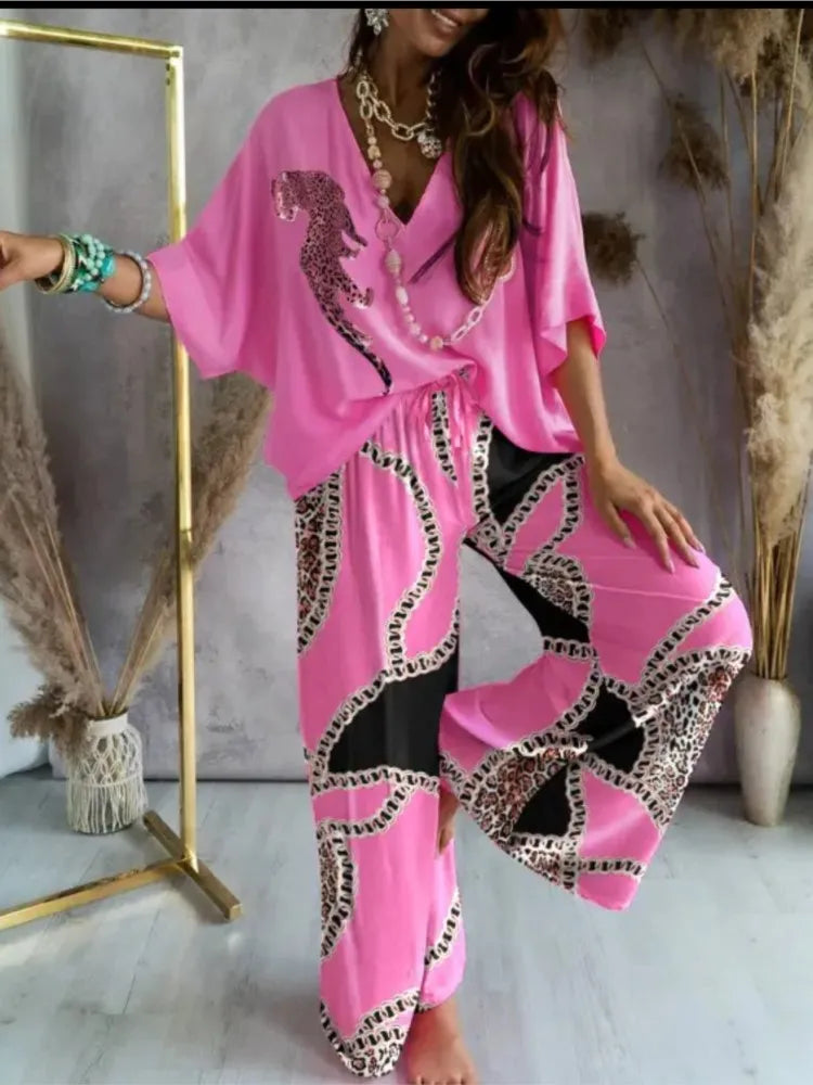 Baroque/Colorblock Striped/Solid Color Women's V-Neck Top + Loose Pants 2-Piece Set