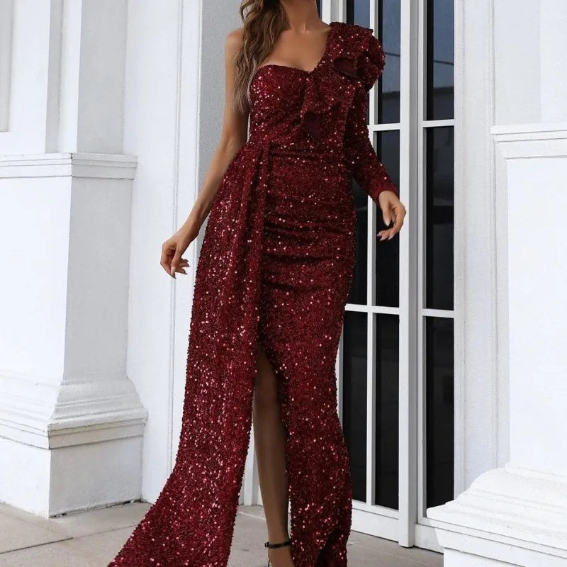 Ruffled Glitter Sequined Corset One Shoulder Long Sleeve High Slit Floor-Length Prom/Party Formal Dress