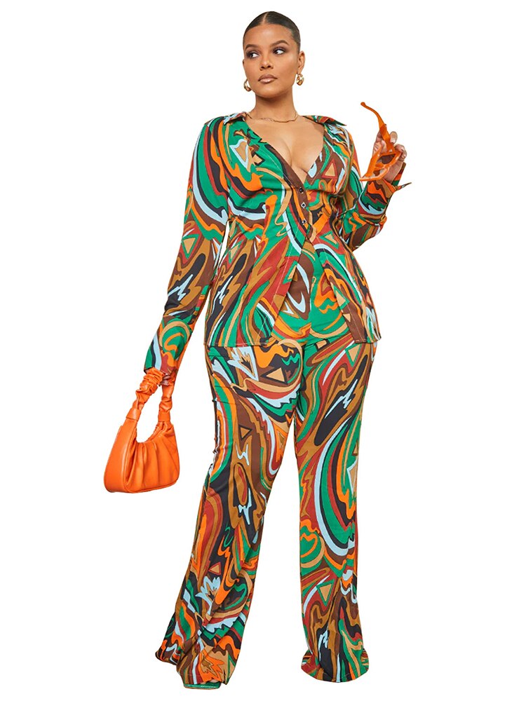 Swirl Design Long Sleeve Shirt + Flare Pant Suit to 5X