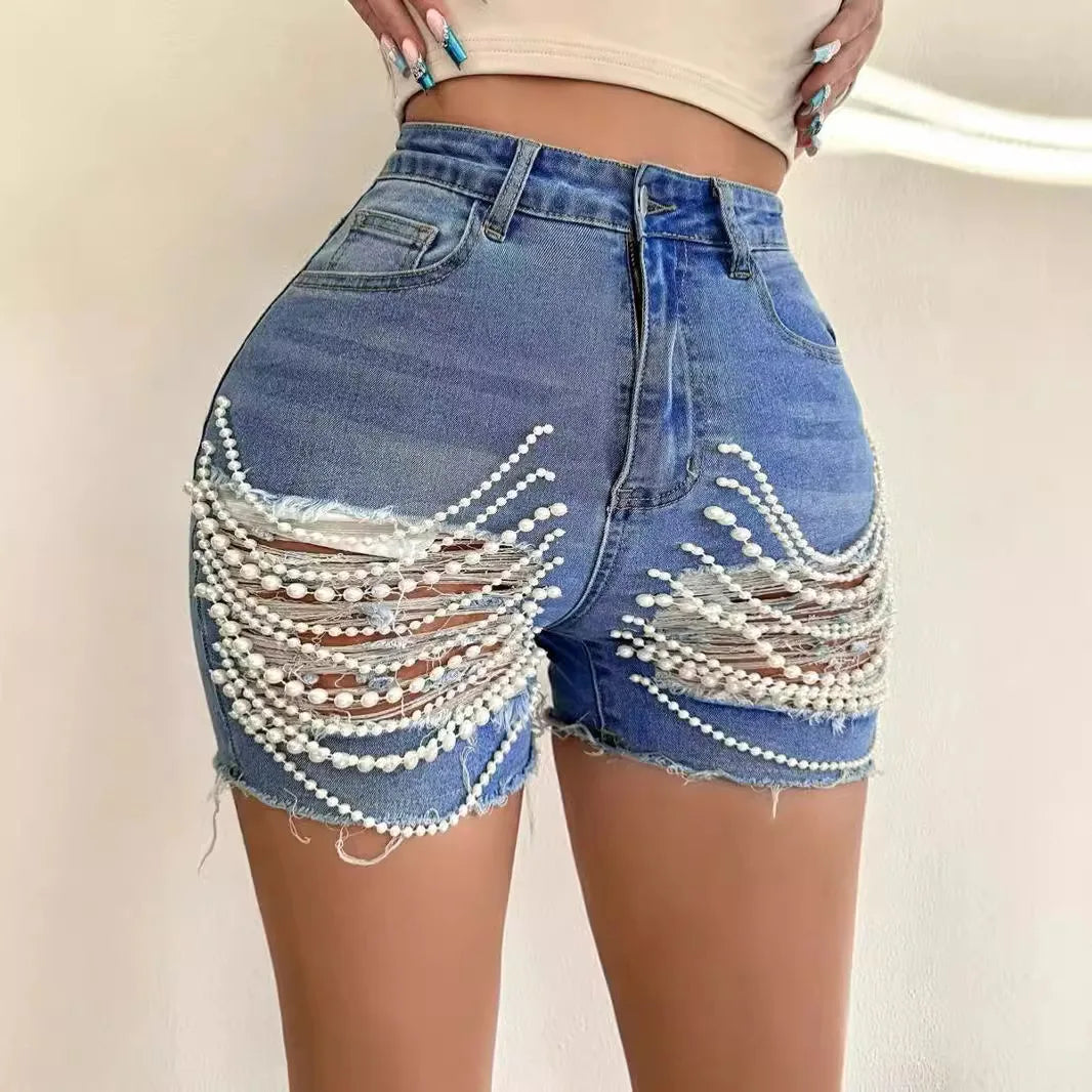 Handmade Tassel Fringe Pearl Chain Decor Denim Dark Blue/Light Blue Women's Jean Shorts