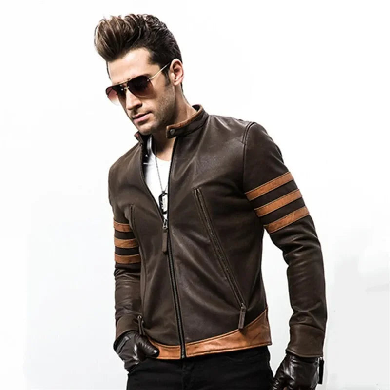 Men's Colorblock Side Striped Sleeve Zipper Casual PU Leather Bomber Jacket M-5X